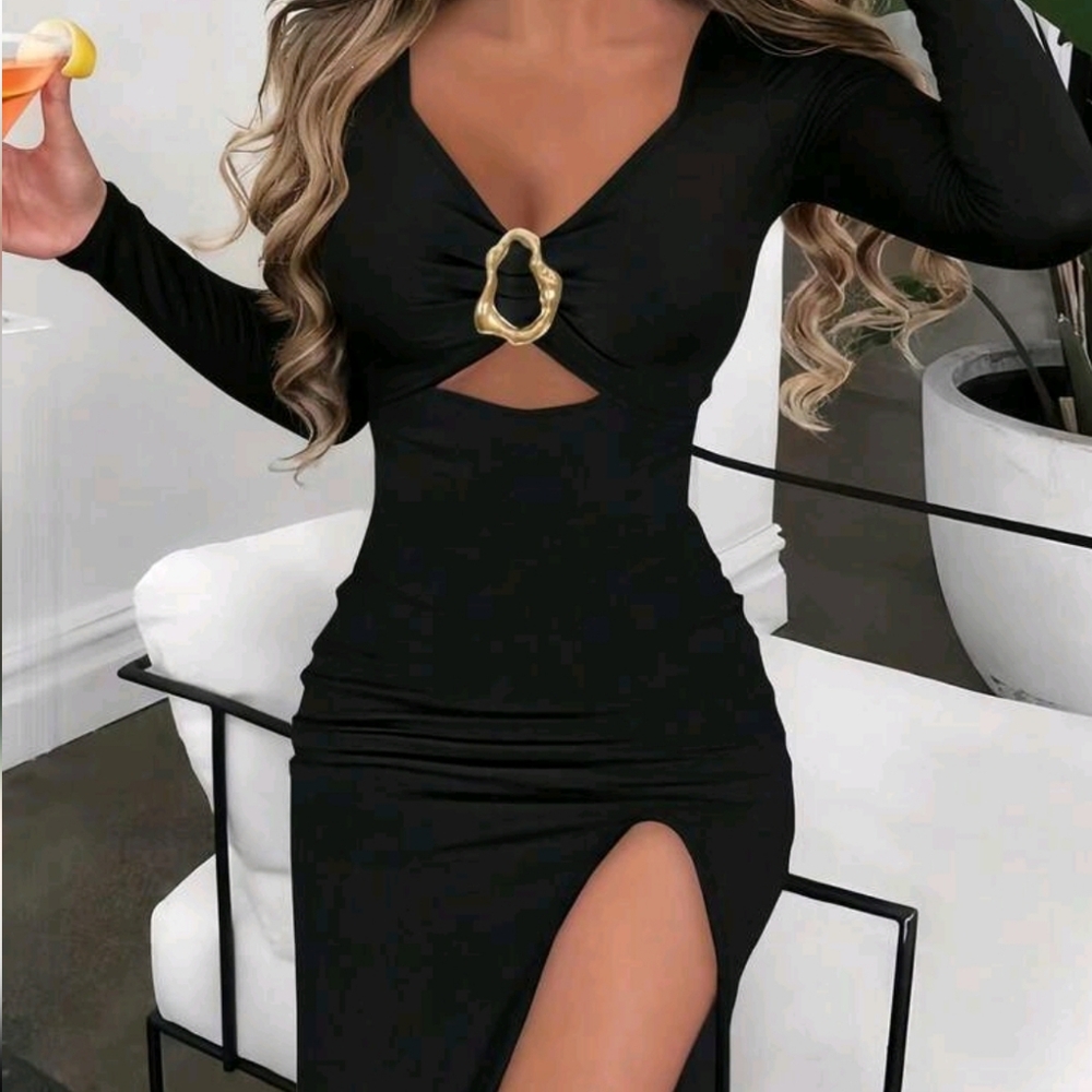 NWT Black Long Sleeve Cutout Maxi Dress with Gold Accent and Side Slit